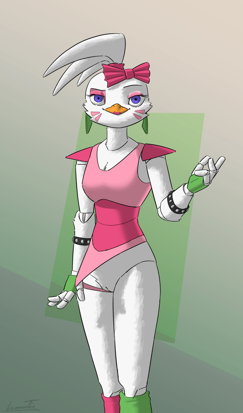 4_fingers absurd_res accessory animatronic anthro avian beak biped bird bow_ribbon breasts cheek_tuft chicken cleavage clothed clothing clothing_aside clothing_pull digital_media_(artwork) ear_piercing ear_ring eyebrows facial_markings facial_tuft female fingerless_gloves fingers five_nights_at_freddy's five_nights_at_freddy's:_security_breach flashing flashing_pussy fluffy galliform gallus_(genus) genitals glamrock_chica_(fnaf) gloves hair_accessory hair_bow hair_ribbon hair_tie handwear head_markings hi_res leg_warmers legwear leotard leotard_aside leotard_pull lipstick looking_at_viewer lumen_fox machine makeup markings phasianid piercing pussy raised_eyebrow ribbons ring_piercing robot scottgames shaded shoulder_pads signature simple_background smile solo tuft