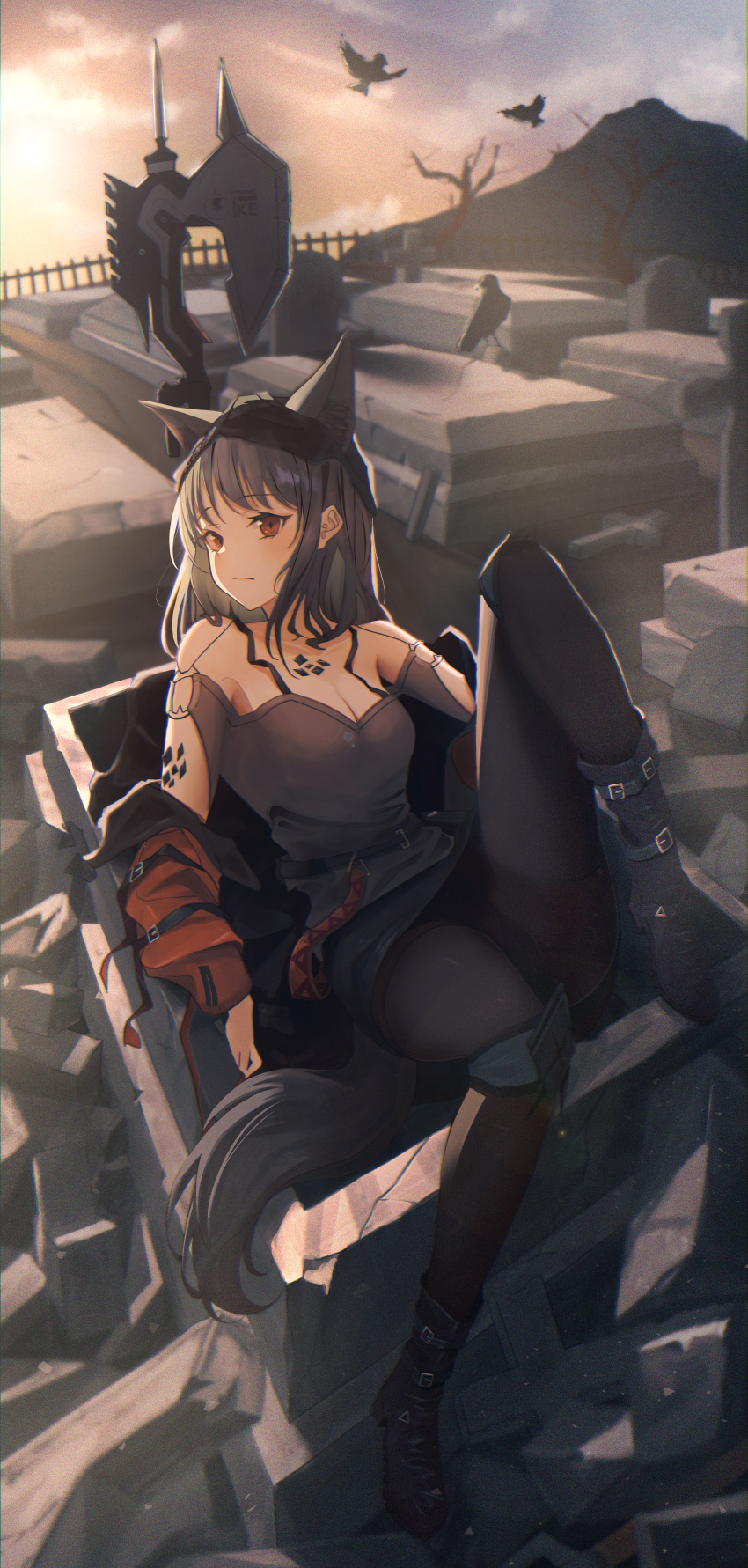 1girl absurdres animal_ears arknights bare_tree belt bird black_belt black_footwear black_pantyhose boots bra_strap breasts cleavage closed_mouth crow day ears_through_headwear expressionless fox_ears fox_girl fox_tail frostleaf_(arknights) full_body graveyard grey_hair grey_shirt halberd highres isolatediev jacket knee_pads knee_up korean_commentary long_hair looking_at_viewer lying medium_breasts mixed-language_commentary o-ring off-shoulder_shirt off_shoulder on_back open_clothes open_jacket oripathy_lesion_(arknights) outdoors pantyhose polearm red_eyes red_jacket shirt solo sunrise tail tomb tree weapon
