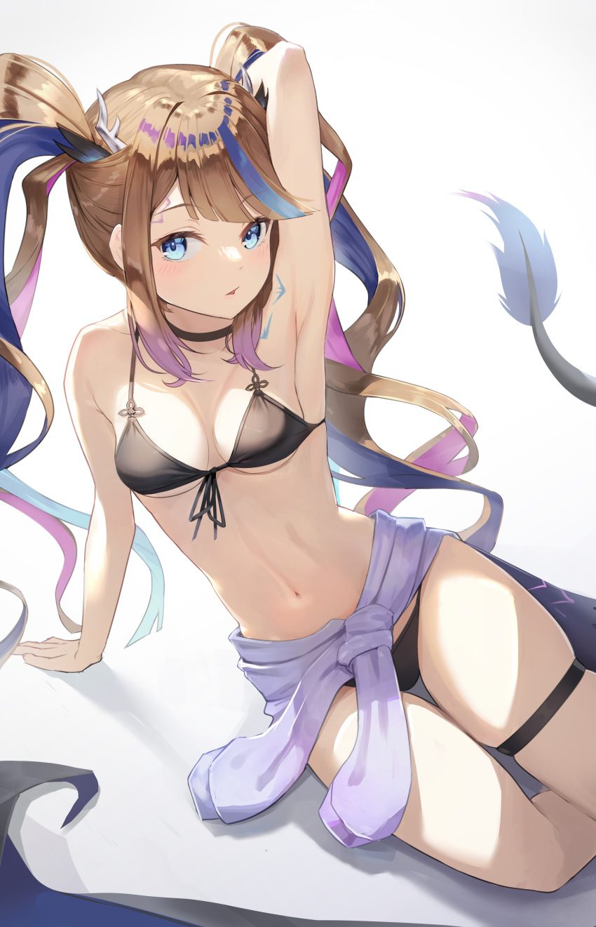 1girl absurdres arm_support armpits bangs bare_arms bikini black_bikini blue_eyes blush breasts brown_hair clothes_around_waist front-tie_bikini_top front-tie_top highres leaning_to_the_side long_hair looking_at_viewer multicolored_hair original pink_hair purple_hair shiny_hair sideboob sitting skindentation small_breasts solo sweater sweater_around_waist swimsuit thigh_gap thigh_strap three_twosix underboob very_long_hair white_background