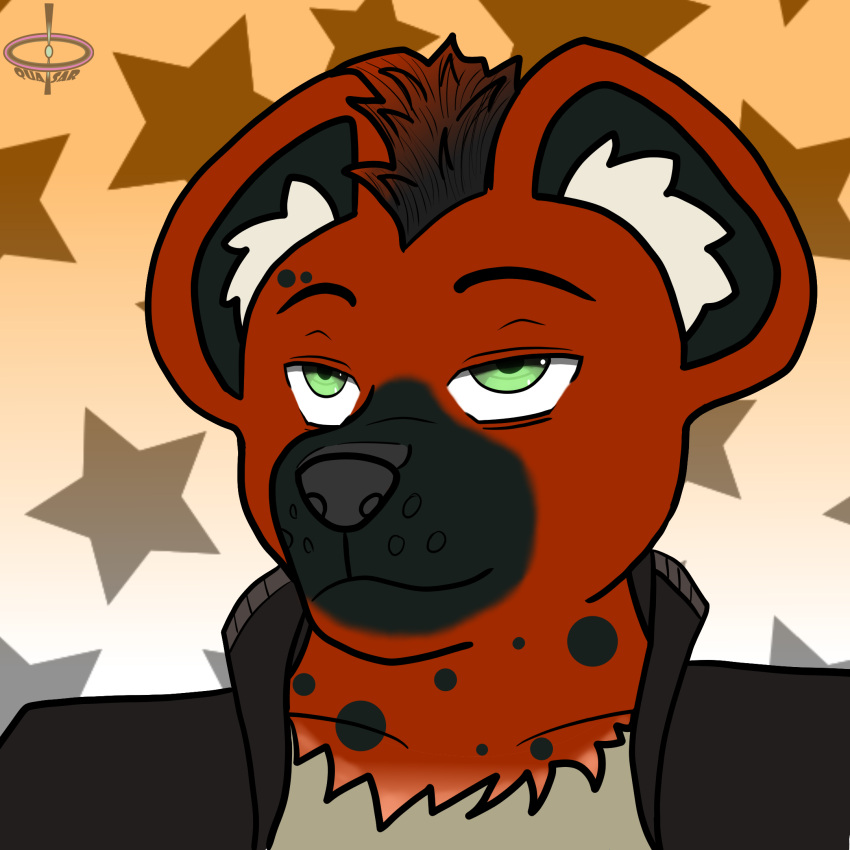 anthro bust_portrait fur green_eyes hair hi_res hyena looking_at_viewer male mammal markings mohawk multicolored_hair orange_body orange_fur portrait quasar_(artist) sienna_(character) smile smug solo spots spotted_markings star two_tone_hair