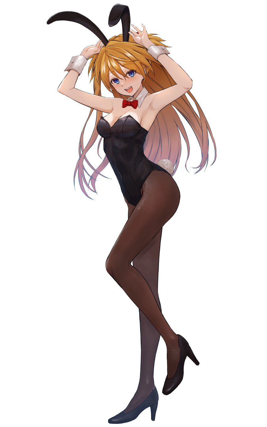 1girl :d absurdres animal_ears armpits bag black_footwear black_leotard blue_eyes bow bowtie breasts brown_hair brown_pantyhose cleavage detached_collar floating_hair full_body hair_between_eyes high_heels highres leotard long_hair medium_breasts neon_genesis_evangelion open_mouth pantyhose playboy_bunny pumps rabbit_ears red_bow red_bowtie sasasa_r_23 shiny_hair simple_background smile solo souryuu_asuka_langley standing standing_on_one_leg strapless strapless_leotard very_long_hair white_background wrist_cuffs