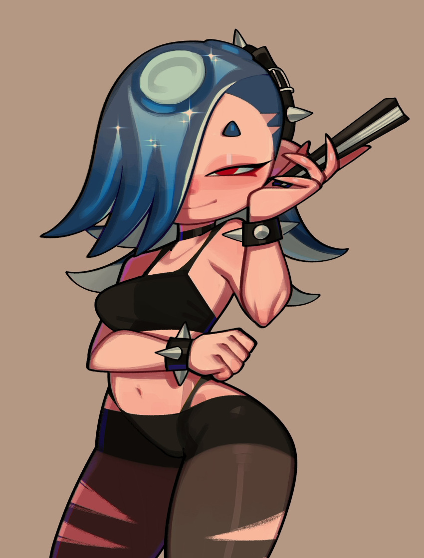 2023 blue_hair breasts cephalopod clothed clothing female fiinel hair hi_res humanoid marine midriff mollusk navel nintendo octarian octoling pseudo_hair red_eyes shiver_(splatoon) simple_background smile solo splatoon tentacle_hair tentacles