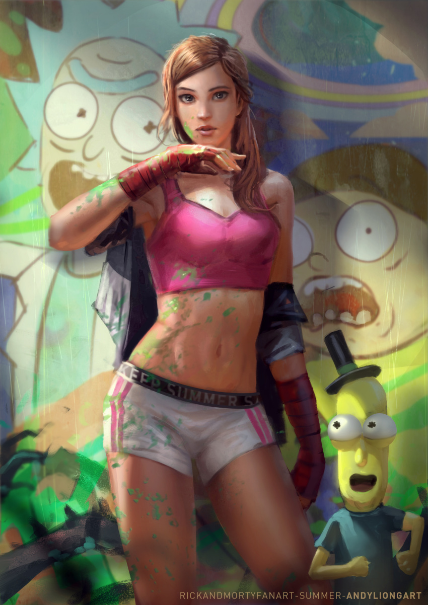 1boy 1girl absurdres alternate_hairstyle andy_liong brown_eyes brown_hair commentary contrapposto crop_top english_commentary graffiti hair_over_shoulder hand_wraps hat highres midriff morty_smith mural navel off_shoulder paint_on_body paint_on_clothes rick_and_morty rick_sanchez short_shorts shorts summer_smith top_hat