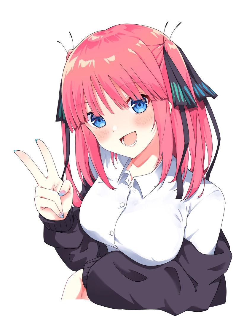 1girl absurdres arm_under_breasts bangs black_ribbon black_sweater blue_eyes blue_nails blunt_bangs blush butterfly_hair_ornament collar commentary eyelashes fingernails go-toubun_no_hanayome hair_ornament hair_ribbon hand_up happy head_tilt highres lips looking_at_viewer lower_teeth_only medium_hair nakano_nino open_mouth pink_hair profnote ribbon shirt sidelocks simple_background smile solo straight_hair sweater symbol-only_commentary teeth two_side_up upper_body v white_background white_collar white_shirt