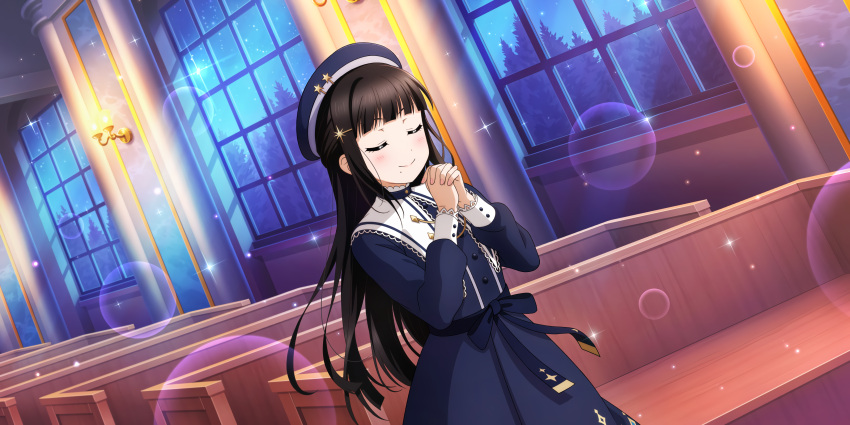 1girl absurdres bangs beret black_hair blunt_bangs blunt_ends blush church closed_eyes collared_dress dress hair_ornament hat hat_ornament highres indoors kurosawa_dia long_hair long_sleeves love_live! love_live!_school_idol_festival_all_stars love_live!_sunshine!! mole mole_under_eye night official_art own_hands_clasped own_hands_together pew ribbon sash sleeve_cuffs smile solo sparkle star_(symbol) star_hair_ornament star_hat_ornament tree very_long_hair wall_lamp window