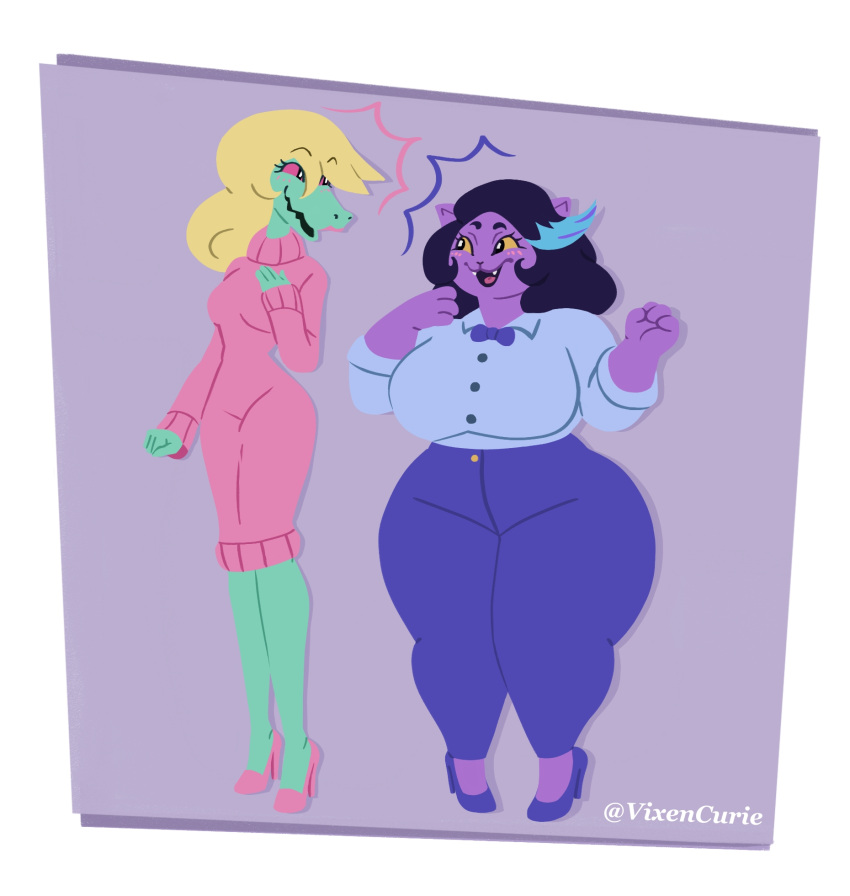 2023 alligator alligatorid anthro big_breasts blonde_hair bottom_heavy bottomwear bow_tie bratty_(undertale) breasts catty_(undertale) clothed clothing crocodilian curvy_figure cute_fangs digital_media_(artwork) domestic_cat dress dress_shirt duo ears_up fangs felid feline felis female female/female footwear fully_clothed green_body green_skin hair handpaw hi_res high_heels huge_thighs long_hair looking_at_another mammal multicolored_hair open_mouth open_smile overweight overweight_female pants paws purple_body purple_hair reptile scalie shaded shadow shirt short_hair simple_background simple_shading slim smile smiling_at_each_other teeth thick_thighs tight_bottomwear tight_clothing tight_pants topwear two_tone_hair undertale_(series) vixencurie voluptuous watermark wide_hips