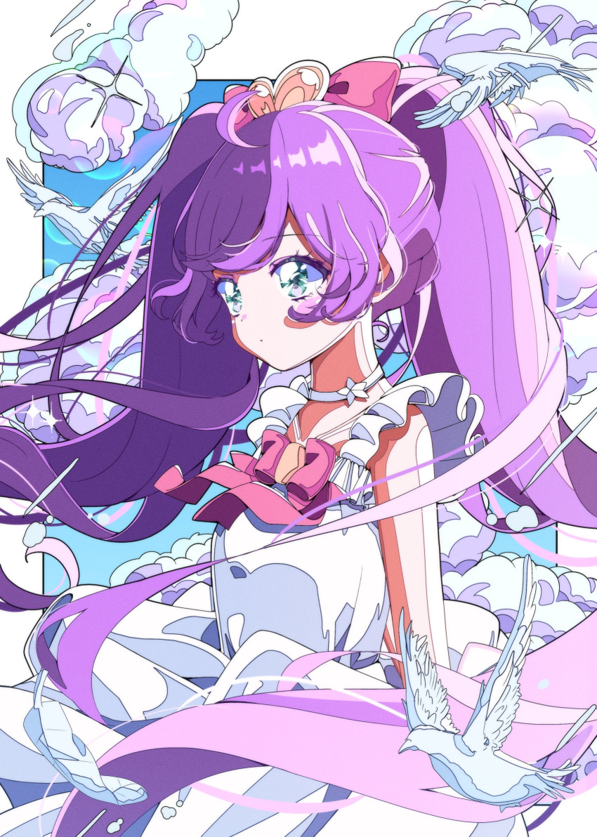 1girl ahoge bangs bow choker commentary dress green_eyes hair_bow hair_ornament heart heart_hair_ornament highres long_hair manaka_lala milon_cas pink_bow pretty_(series) pripara purple_hair solo twintails very_long_hair white_choker white_dress