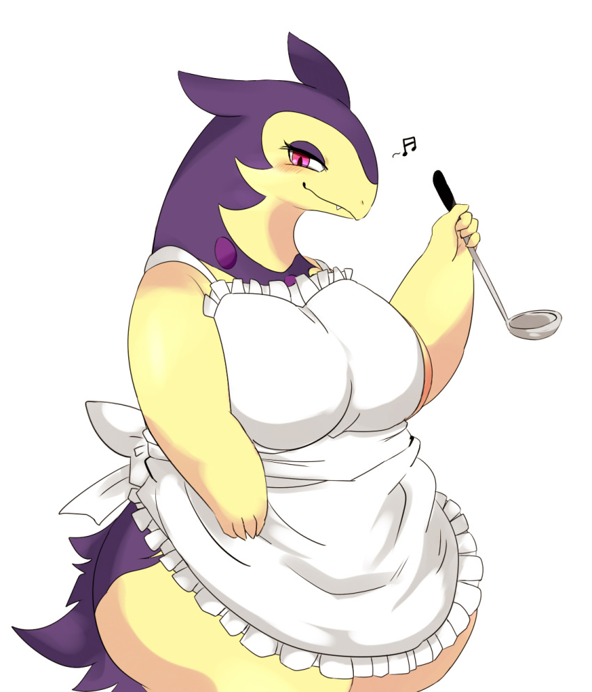 anthro apron apron_only areola areola_slip big_breasts biped blush breasts clothing female hi_res hisuian_form hisuian_typhlosion holding_object huge_breasts mostly_nude musical_note nintendo nipples nyotapakpak pokemon pokemon_(species) red_eyes regional_form_(pokemon) simple_background smile solo white_background yellow_body