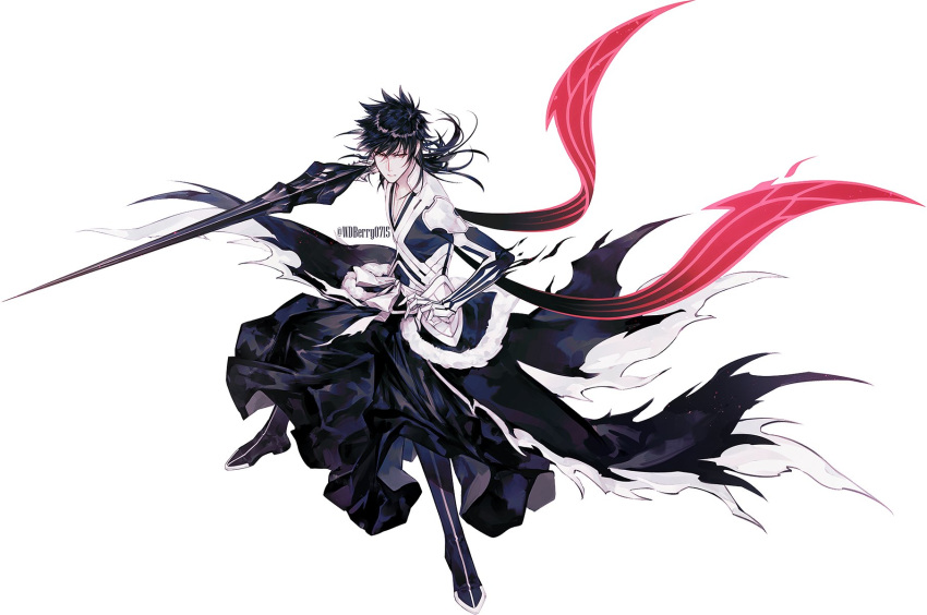 1boy armor black_hair bleach bleach:_brave_souls boots full_body highres holding holding_sword holding_weapon kurosaki_ichigo long_hair open_mouth red_eyes sharp_teeth simple_background stance sword teeth twitter_username wdberry0715 weapon white_background