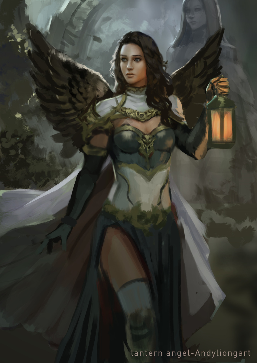 1girl absurdres andy_liong artist_name black_hair black_wings blue_skirt cape elbow_gloves feathered_wings gloves grey_eyes highres holding holding_lantern lantern looking_to_the_side original side_slit sketch skirt solo statue thighhighs white_cape wings