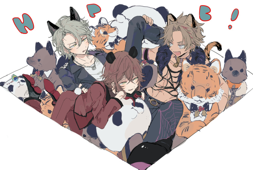 3boys animal_ears blonde_hair busujima_tsukumo dankira!!! dark-skinned_male dark_skin green_eyes grey_hair habashiri_ginko long_hair male_focus multiple_boys panda_boy panda_ears panda_tail red_hair short_hair sneezecoon stuffed_animal stuffed_panda stuffed_tiger stuffed_toy stuffed_wolf tail tiger_boy tiger_ears tiger_tail tsubaki_seito white_background wolf_boy wolf_ears yellow_eyes