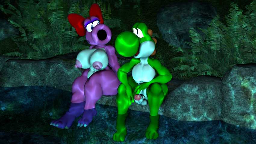 2021 3d_(artwork) anthro areola balls big_areola big_breasts birdo blue_eyes bow_(feature) breasts cave claws curvaceous curvy_figure daemont92 detailed_background digital_media_(artwork) duo erection eyelashes eyeshadow feet female fern fingers genitals green_body green_scales green_yoshi hi_res huge_breasts makeup male mario_bros multicolored_body multicolored_scales nintendo nipples nude open_mouth penis pink_body pink_scales river scales scalie sitting skinny_dipping source_filmmaker story thick_thighs toe_claws toes two_tone_body two_tone_scales vein veiny_penis voluptuous white_body white_scales wide_hips yoshi