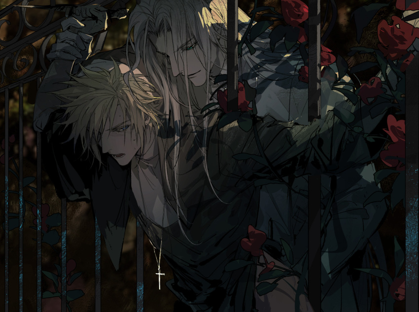 2boys alternate_universe bangs blonde_hair blouse cloud_strife collared_shirt cross cross_necklace evening fence final_fantasy final_fantasy_vii flower foliage highres holding_another's_wrist iron_fence jewelry long_hair messy_hair multiple_boys necklace night nun red_flower red_rose rose rose_bush sephiroth shirt short_hair smirk spiked_hair sweat white_hair white_shirt xiandao1213 yaoi