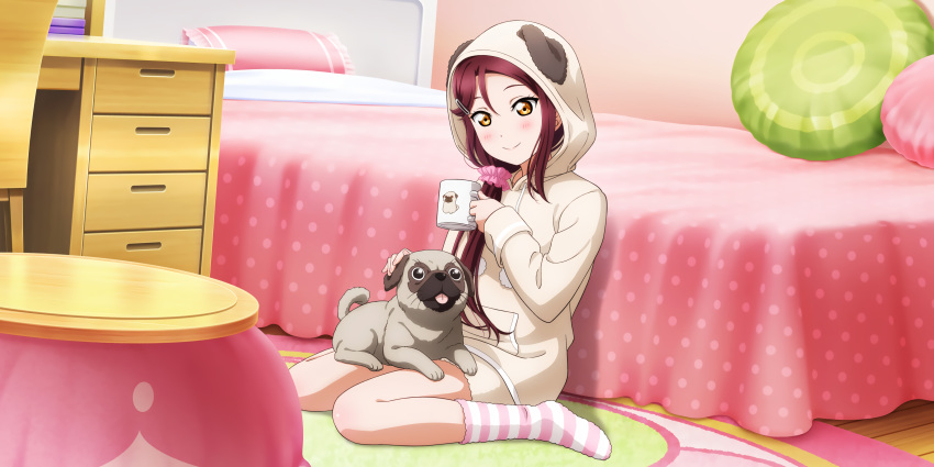 1girl absurdres animal_hood animal_on_lap bangs bed bedroom blush cabinet cup desk dog dog_hood hair_ornament hair_scrunchie hairclip highres holding holding_cup hood hood_up hoodie indoors long_hair long_sleeves looking_down love_live! love_live!_school_idol_festival_all_stars love_live!_sunshine!! mug no_shoes official_art on_lap pillow polka_dot_blanket ponytail pug red_hair rug sakurauchi_riko scrunchie shorts sitting smile socks solo striped striped_socks very_long_hair wariza wooden_floor yellow_eyes