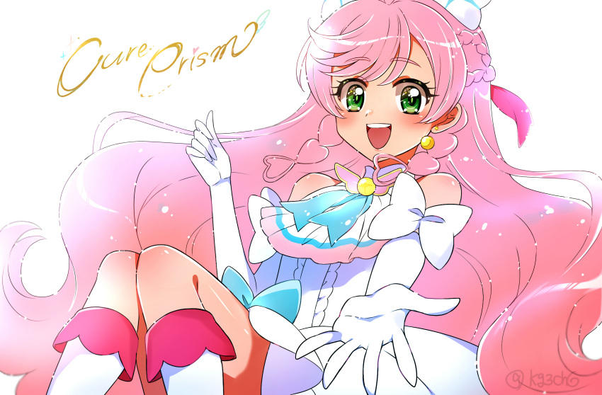 1girl ascot blue_bow boots bow character_name commentary cure_prism earrings elbow_gloves glove_bow gloves green_eyes highres hirogaru_sky!_precure jewelry kagami_chihiro long_hair magical_girl nijigaoka_mashiro open_mouth pink_hair precure smile solo very_long_hair white_bow