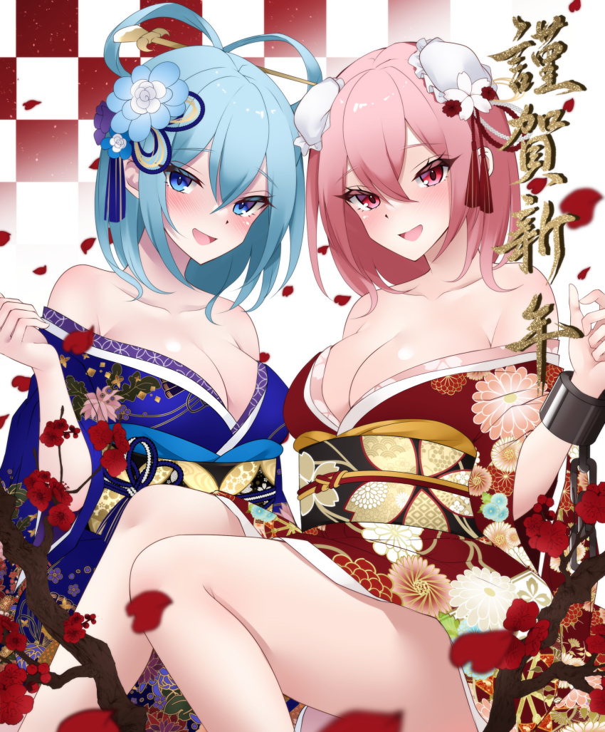 2girls :d absurdres alternate_costume bangs blue_hair blue_kimono checkered_background chisel cuffs floral_print flower hair_flower hair_ornament hair_rings hair_stick highres ibaraki_kasen japanese_clothes kaku_seiga kimono looking_at_viewer multiple_girls new_year onikoroshi open_mouth pink_hair red_kimono sash shackles short_hair smile touhou wide_sleeves