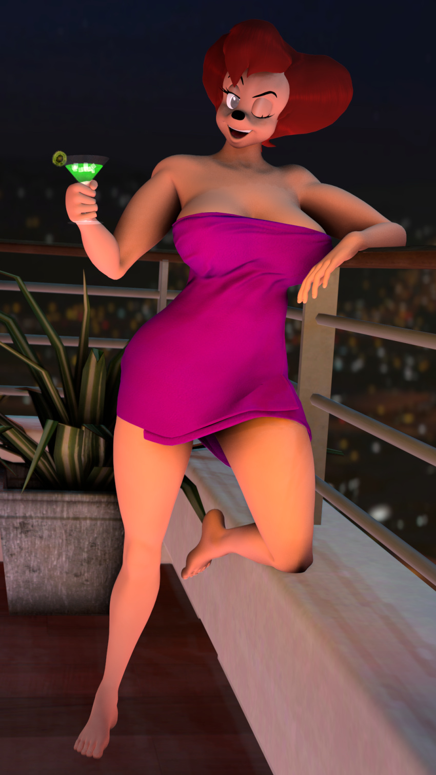 2021 3d_(artwork) anthro balcony big_breasts black_pupils breasts canid canine canis cleavage clothed clothing curvaceous curvy_figure daemont92 digital_media_(artwork) disney domestic_dog feet female fingers fur goof_troop hair hi_res looking_at_viewer mammal mature_anthro mature_female night one_eye_closed open_mouth outside peg_pete pupils red_hair simple_eyes smile solo source_filmmaker tan_body tan_fur thick_thighs toes towel towel_only voluptuous wide_hips wink winking_at_viewer