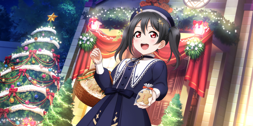 1girl absurdres bangs basket beret black_hair blush christmas christmas_ornaments christmas_tree collared_dress dress flower food gingerbread_man glowing hair_ornament hat hat_ornament highres holding holding_basket holding_food long_hair long_sleeves looking_at_viewer love_live! love_live!_school_idol_festival_all_stars night official_art open_mouth red_eyes ribbon rose sash sleeve_cuffs smile solo star_(symbol) star_hair_ornament star_hat_ornament string_lights tinsel twintails wreath yazawa_nico