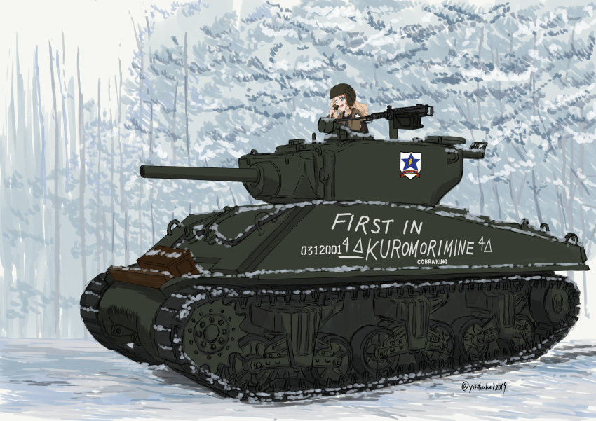 1girl absurdres blonde_hair blue_eyes brown_jacket browning_m2 commentary_request day emblem english_text forest girls_und_panzer green_headwear ground_vehicle gun heavy_machine_gun highres holding jacket kay_(girls_und_panzer) long_hair long_sleeves looking_to_the_side m4_sherman machine_gun military military_uniform military_vehicle motor_vehicle nature new_year open_clothes open_jacket outdoors partial_commentary porotto_yontouhei radio saunders_(emblem) saunders_military_uniform snow star_(symbol) tank tank_helmet twitter_username uniform weapon winter world_war_ii