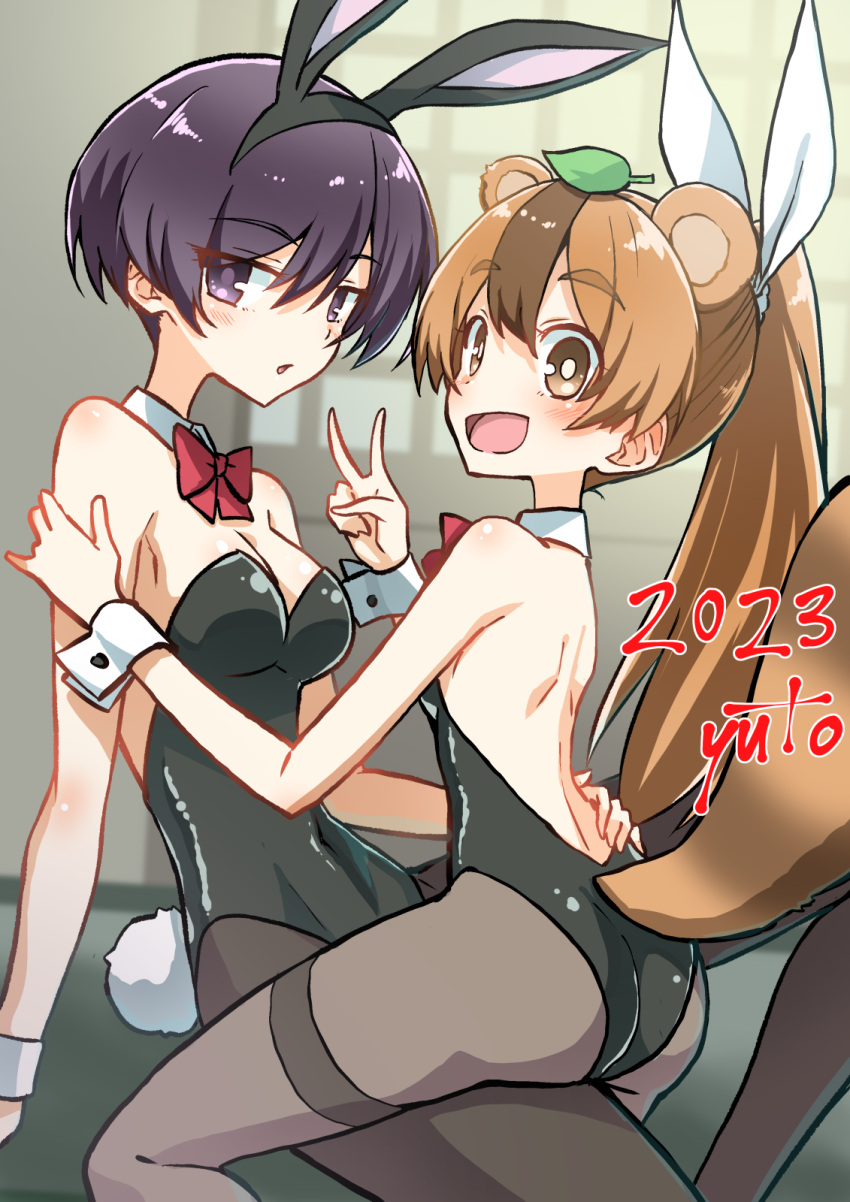 2023 2girls animal_ears artist_name backless_leotard bangs black_eyes black_hair black_leotard black_pantyhose bow bowtie breasts collar commentary covered_navel daikokutei_bunko detached_collar fake_animal_ears fake_tail grey_pantyhose highres knee_up leaf leaf_on_head leotard long_hair looking_at_viewer mameda_(uchi_no_shisho_wa_shippo_ga_nai) medium_breasts multiple_girls open_mouth pantyhose parted_lips playboy_bunny ponytail rabbit_ears rabbit_tail red_bow red_bowtie short_hair sitting smile squirrel_ears squirrel_girl squirrel_tail straddling strapless strapless_leotard tail thighband_pantyhose uchi_no_shisho_wa_shippo_ga_nai v white_collar wing_collar wrist_cuffs yuto_(dialique)