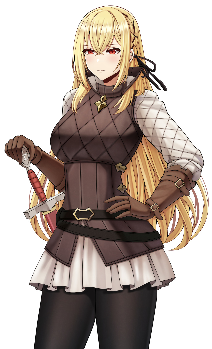 1girl absurdres azur_lane blonde_hair commission cosplay cowboy_shot english_commentary fire_emblem fire_emblem_fates highres king_george_v_(azur_lane) long_hair red_eyes saikunartworks selena_(fire_emblem_fates) selena_(fire_emblem_fates)_(cosplay) simple_background sword weapon white_background