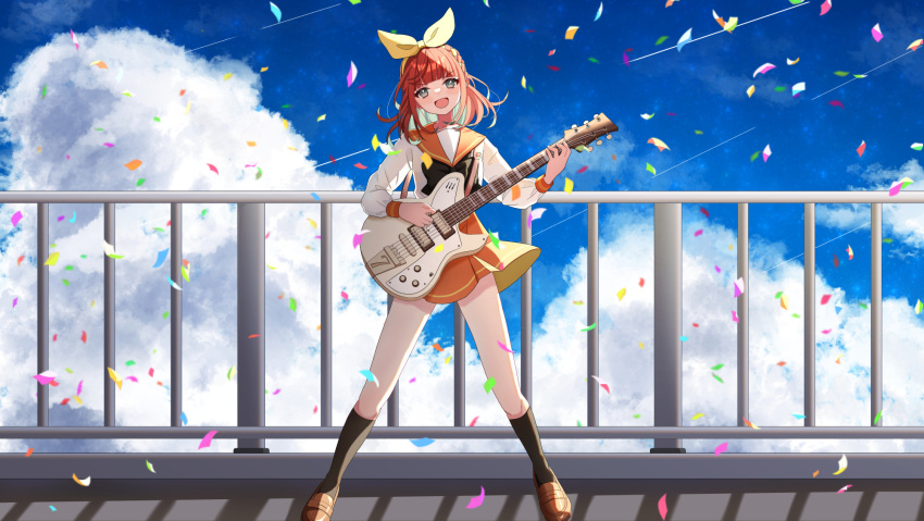 1girl :d black_bow black_bowtie black_socks blue_sky bow bow_hairband bowtie braid brown_footwear cloud collared_shirt confetti floating_hair grey_eyes hair_bow hairband head_tilt highres holding holding_instrument instrument loafers long_hair long_sleeves looking_at_viewer macha_3939 miniskirt multicolored_hair open_mouth orange_sailor_collar orange_skirt original red_hair rooftop sailor_collar sailor_shirt shirt shoes skirt sky smile socks solo standing two-tone_hair white_shirt yellow_bow yellow_hairband