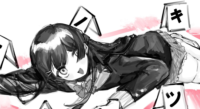 1girl arm_up blazer bow bowtie cardigan chalk_outline character_name crime_scene empty_eyes evidence_markers greyscale hair_ornament hair_over_one_eye hairclip head_back highres hime_cut jacket long_hair looking_at_viewer lying minuma_(nrp_ga) monochrome nijisanji on_ground on_stomach pleated_skirt school_uniform shiny_hair skirt solo spot_color thighhighs translated tsukino_mito zettai_ryouiki