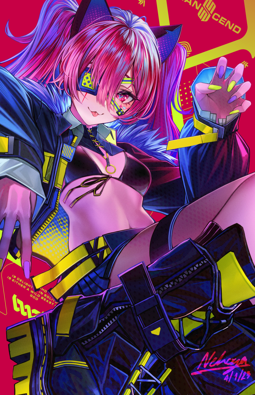 1girl :3 :p absurdres artist_name bikini black_bikini boots breasts dated english_text eyepatch facial_mark fur_trim green_nails highres jacket looking_at_viewer navel nekodayo22 original pink_hair pink_nails purple_nails smile solo swimsuit thigh_strap tongue tongue_out twintails