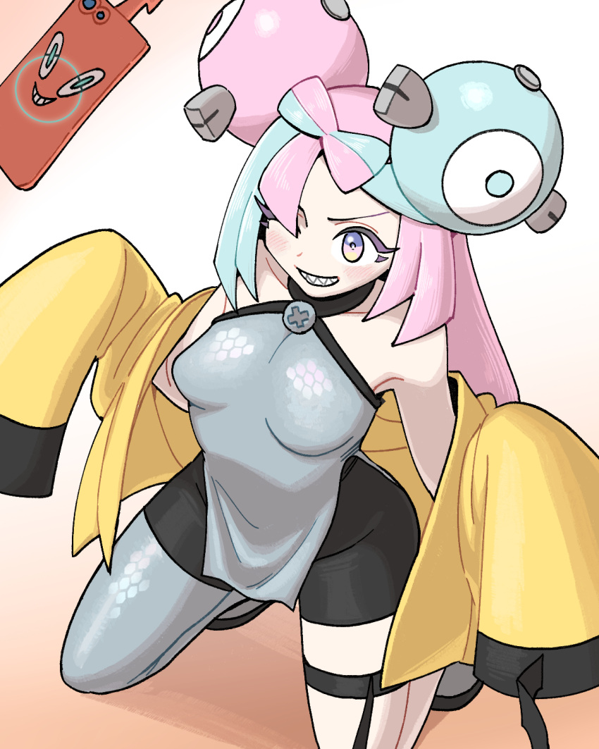 1girl bangs bike_shorts blush breasts character_hair_ornament collarbone commentary_request green_hair grey_footwear grey_shirt grin hair_ornament highres iono_(pokemon) jacket kneeling long_hair multicolored_hair nutkingcall off_shoulder one_eye_closed open_clothes open_jacket pink_hair pokemon pokemon_(game) pokemon_sv purple_eyes rotom rotom_phone sharp_teeth shirt single_leg_pantyhose sleeveless sleeveless_shirt smile teeth two-tone_hair yellow_jacket