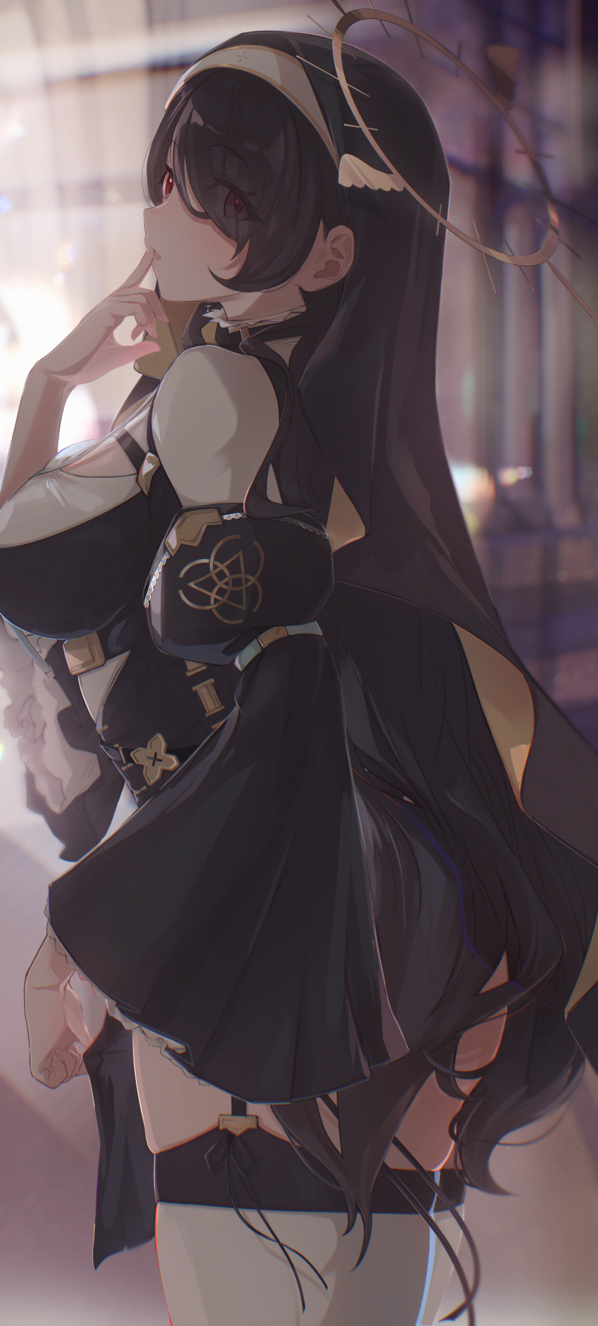 1girl absurdres black_hair blue_archive blurry blurry_background breasts finger_to_mouth garter_straps habit hair_over_one_eye halo harness highres hinata_(blue_archive) karya large_breasts long_hair looking_at_viewer looking_to_the_side red_eyes solo thighhighs very_long_hair white_thighhighs wide_sleeves