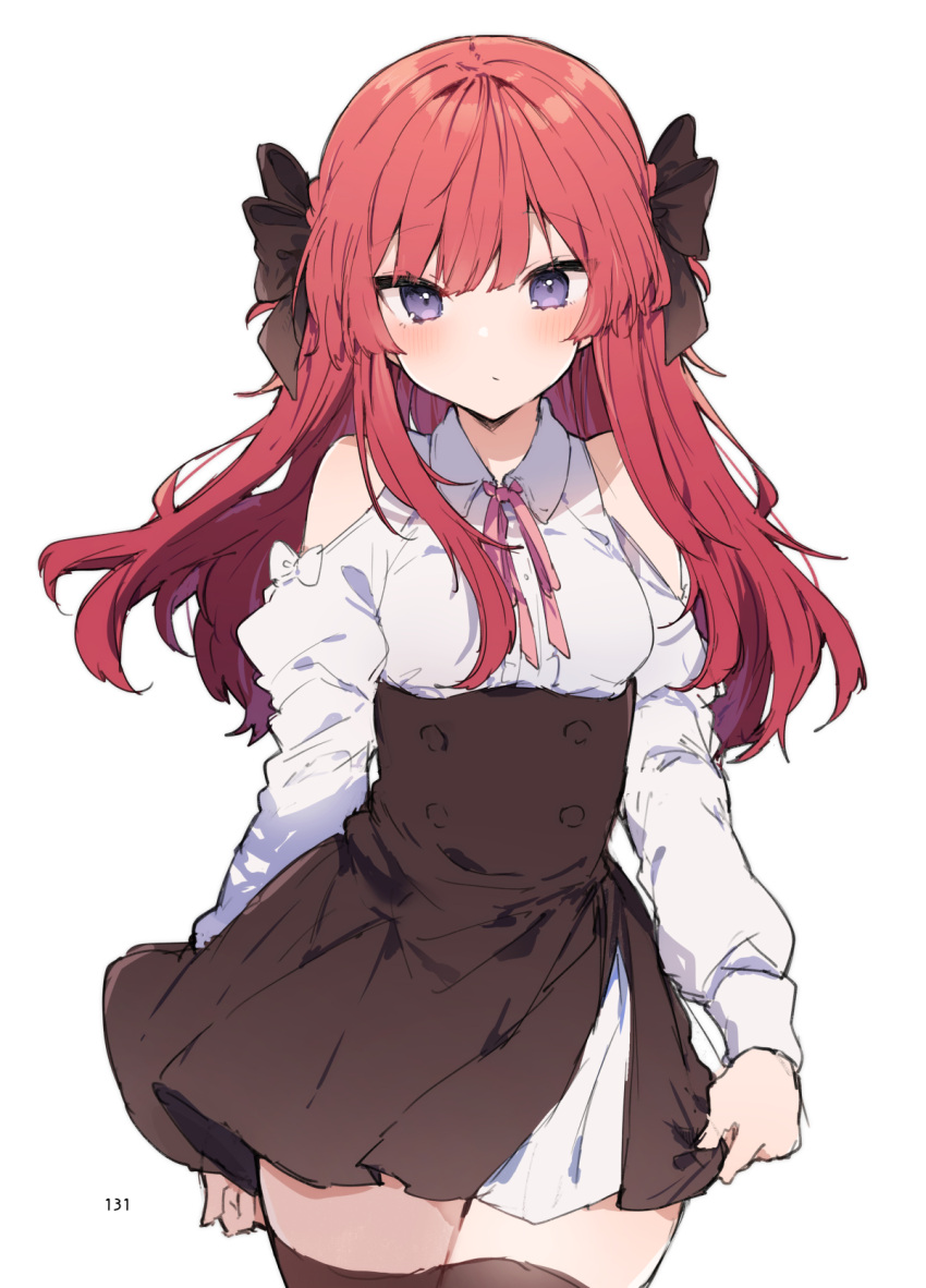 1girl anna_(ikeuchi_tanuma) arms_at_sides bare_shoulders blush bow breasts brown_bow brown_skirt brown_thighhighs buttons closed_mouth clothing_cutout cowboy_shot double-breasted hair_bow high-waist_skirt highres ikeuchi_tanuma long_hair long_sleeves looking_at_viewer neck_ribbon original pink_ribbon purple_eyes red_hair ribbon shoulder_cutout simple_background skirt small_breasts solo standing thighhighs twitter_username white_background white_bow zettai_ryouiki