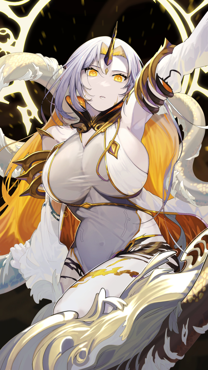 1girl absurdres arm_up armlet armpits bare_shoulders blonde_hair breasts colored_inner_hair commentary_request covered_navel detached_sleeves dress fire_emblem fire_emblem_heroes gold_trim grey_dress gullveig_(fire_emblem) highres horns huge_breasts ikura_(downdexp) jewelry long_hair looking_at_viewer multicolored_hair no_nose pale_skin sideboob signature single_horn snake solo two-tone_dress two-tone_hair very_long_hair white_dress white_hair white_sleeves yellow_eyes