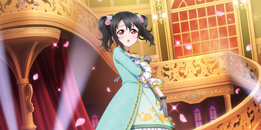 1girl absurdres ballroom bangs black_hair blush choker curtains dress earrings falling_petals flower frilled_sleeves frills gloves gown hair_flower hair_ornament highres indoors jewelry long_hair long_sleeves looking_at_viewer love_live! love_live!_school_idol_festival_all_stars official_art open_mouth petals railing red_eyes ribbon rose solo stage_lights stairs sunset twintails window yazawa_nico
