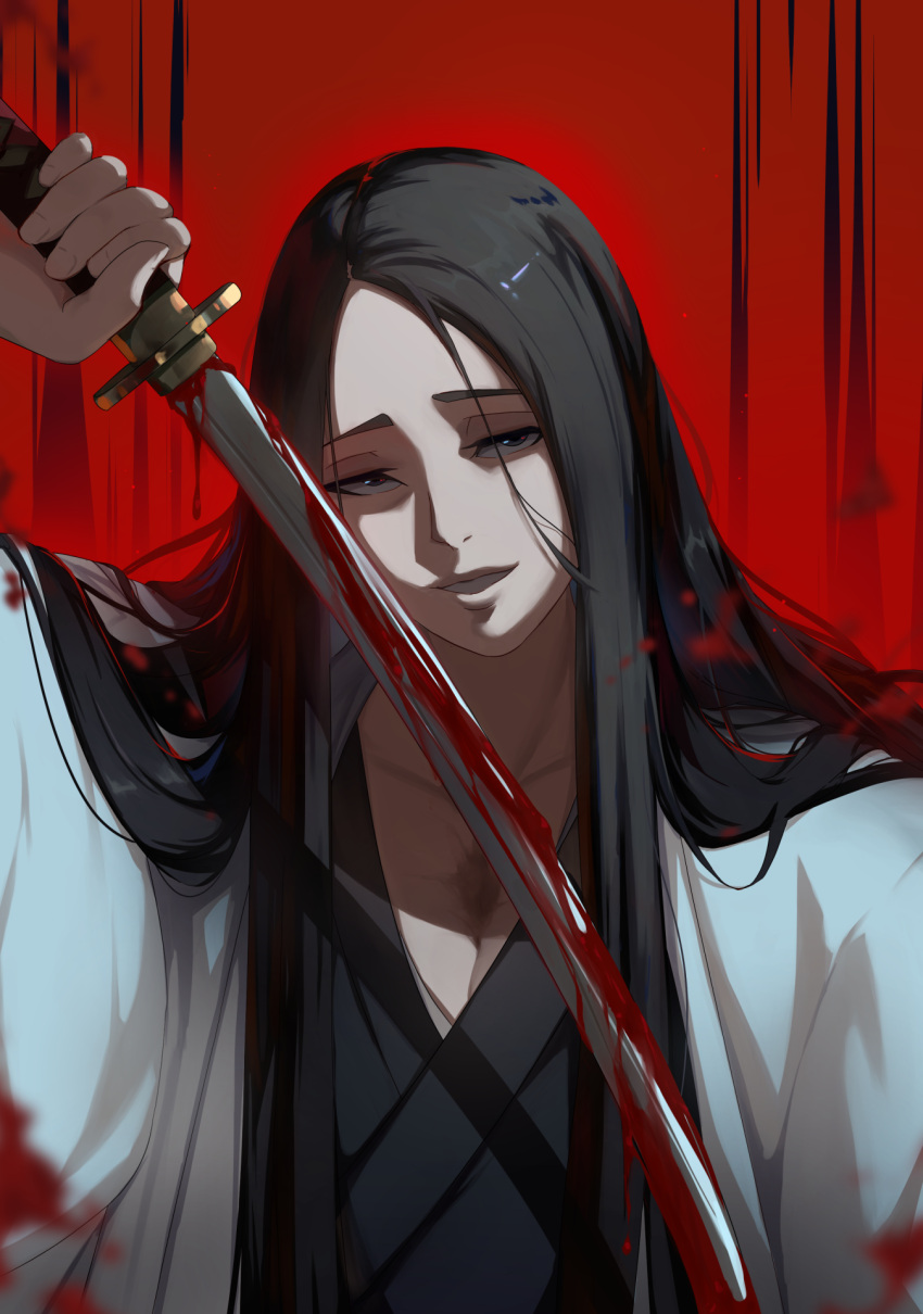 1girl black_hair bleach blood blood_on_weapon breasts cleavage grey_eyes hair_down haori highres holding holding_sword holding_weapon japanese_clothes kasseus_maximus katana long_hair looking_at_viewer red_background solo sword taichou_haori unohana_retsu very_long_hair weapon