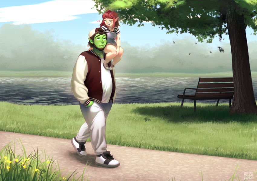 2020 azuza belly bench big_belly blue_eyes brown_hair closed_smile clothed clothing dated duo eyewear female flower footwear glasses grass green_body green_eyes green_skin grey_clothing hair humanoid male mouth_closed narrowed_eyes not_furry orc outside overweight overweight_humanoid overweight_male plant red_hair round_glasses shoes signature size_difference smile tan_body tan_skin tree walking water white_clothing white_footwear white_shoes yellow_flower