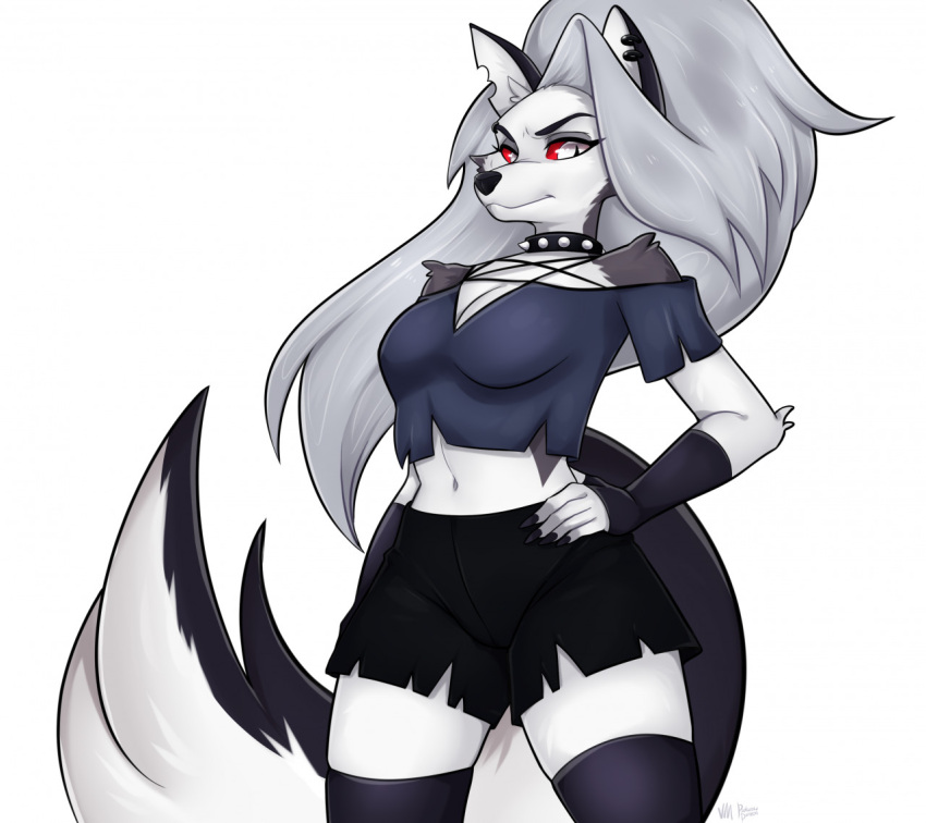 2022 anthro armwear black_nose bottomwear breasts canid canid_demon canine canis claws clothed clothing collaboration collar demon ear_piercing eyebrows eyelashes female fluffy fluffy_tail fox fur grey_body grey_fur hair hand_on_hip hellhound helluva_boss legwear long_hair long_tail looking_at_viewer loona_(helluva_boss) mammal multicolored_body multicolored_fur navel notched_ear piercing pupils purtumdaemonium raised_eyebrow red_sclera shorts simple_background slit_pupils solo spiked_collar spikes tail topwear torn_clothing villmix white_body white_eyes white_fur white_hair wolf