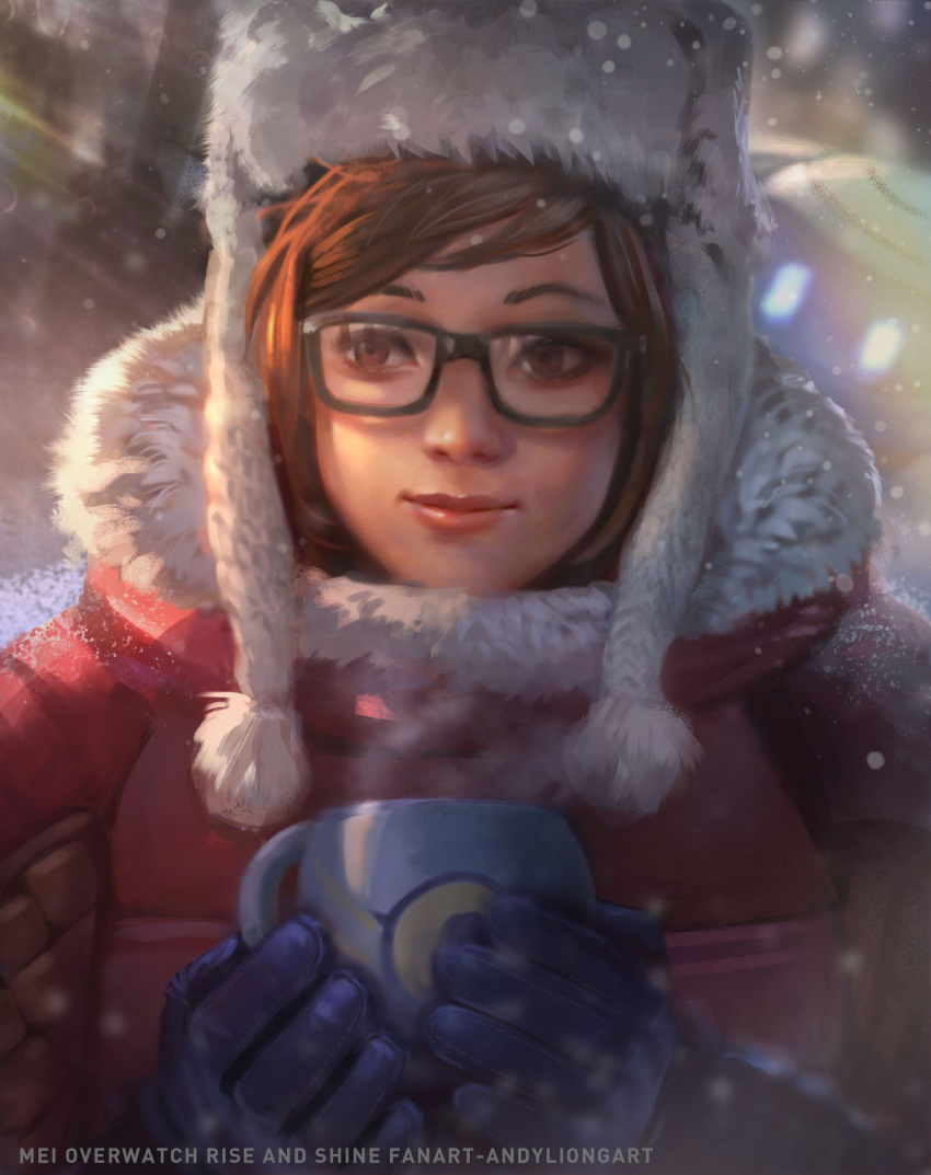 1girl absurdres andy_liong artist_name blue_gloves brown_eyes brown_hair character_name coat commentary copyright_name cup english_commentary eyebrows_hidden_by_hair glasses gloves highres holding holding_cup mei_(overwatch) mug overwatch parka smile snow solo steam upper_body winter_clothes winter_coat