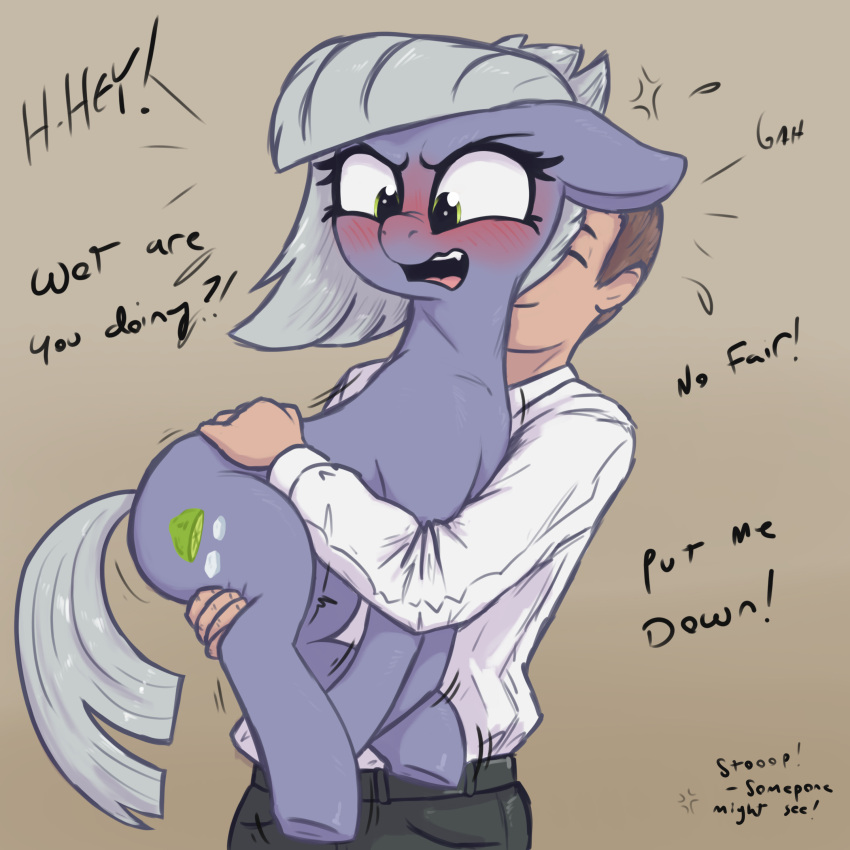 1:1 2022 absurd_res angry anon biped blush cutie_mark dialogue digital_drawing_(artwork) digital_media_(artwork) duo earth_pony english_text equid equine eyelashes female feral floppy_ears flustered friendship_is_magic grey_hair grey_tail grumpy hair hasbro hi_res holding_another horse human limestone_pie_(mlp) mammal my_little_pony open_mouth pony quadruped simple_background t72b tan_background text