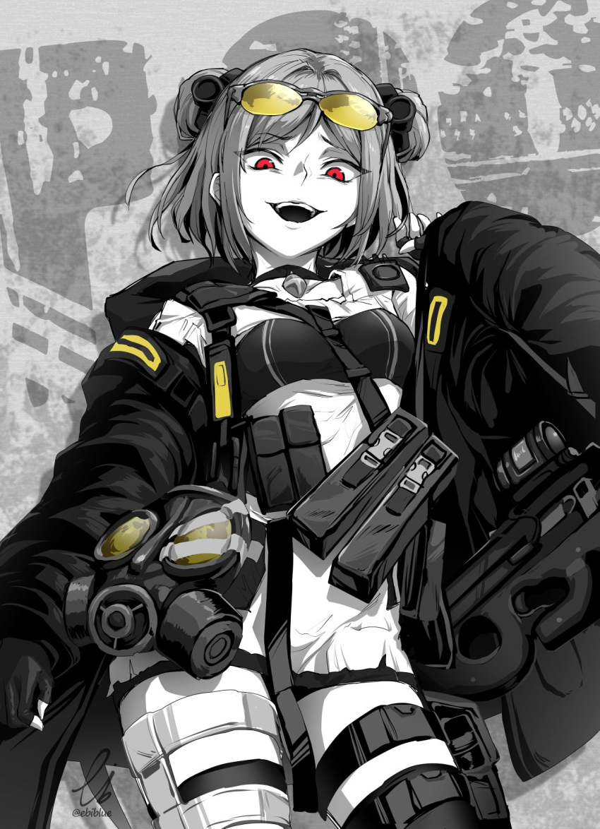 1girl bangs breasts bullpup coat commission double_bun ebiblue eyewear_on_head fingerless_gloves gas_mask gesugao girls'_frontline gloves gun hair_bun highres long_sleeves looking_at_viewer mask open_mouth p90 p90_(girls'_frontline) partially_colored pouch red_eyes short_hair smile snap-fit_buckle solo strap submachine_gun sunglasses tactical_clothes thigh_strap weapon