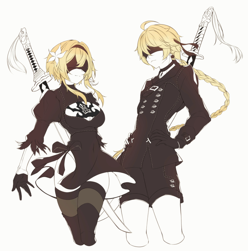 1boy 1girl aether_(genshin_impact) ahoge bangs belt black_belt black_bow black_choker black_dress black_gloves black_jacket black_shorts black_thighhighs blonde_hair bow braid breasts brother_and_sister brown_hairband buttons choker closed_mouth collared_jacket cosplay covered_eyes crossover dress earrings feather_hair_ornament feathers flower genshin_impact gloves hair_between_eyes hair_flower hair_ornament hairband hands_on_hips headband highres jacket jewelry juliet_sleeves katana large_breasts lily_(flower) long_hair long_sleeves lumine_(genshin_impact) nier_(series) nier_automata puffy_long_sleeves puffy_sleeves short_hair short_hair_with_long_locks shorts siblings sidelocks simple_background single_earring smile standing sword tassel thighhighs weapon white_background white_flower wide_sleeves yorha_no._2_type_b yorha_no._9_type_s yoshitoki_(kisshin)