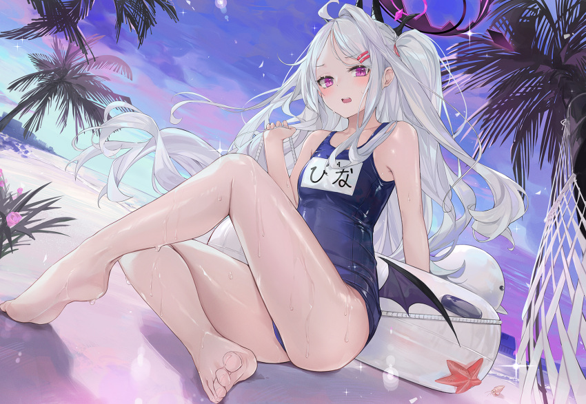 1girl ahoge bangs bare_arms bare_legs bare_shoulders barefoot beach black_wings blue_archive blue_one-piece_swimsuit breasts dema_hmw demon_horns demon_wings dutch_angle feet floating_hair full_body halo highres hina_(blue_archive) hina_(swimsuit)_(blue_archive) horns legs long_hair looking_at_viewer low_wings multiple_horns name_tag one-piece_swimsuit open_mouth outdoors palm_tree parted_bangs purple_eyes sitting small_breasts soles solo swimsuit toenails toes tree very_long_hair white_hair wings