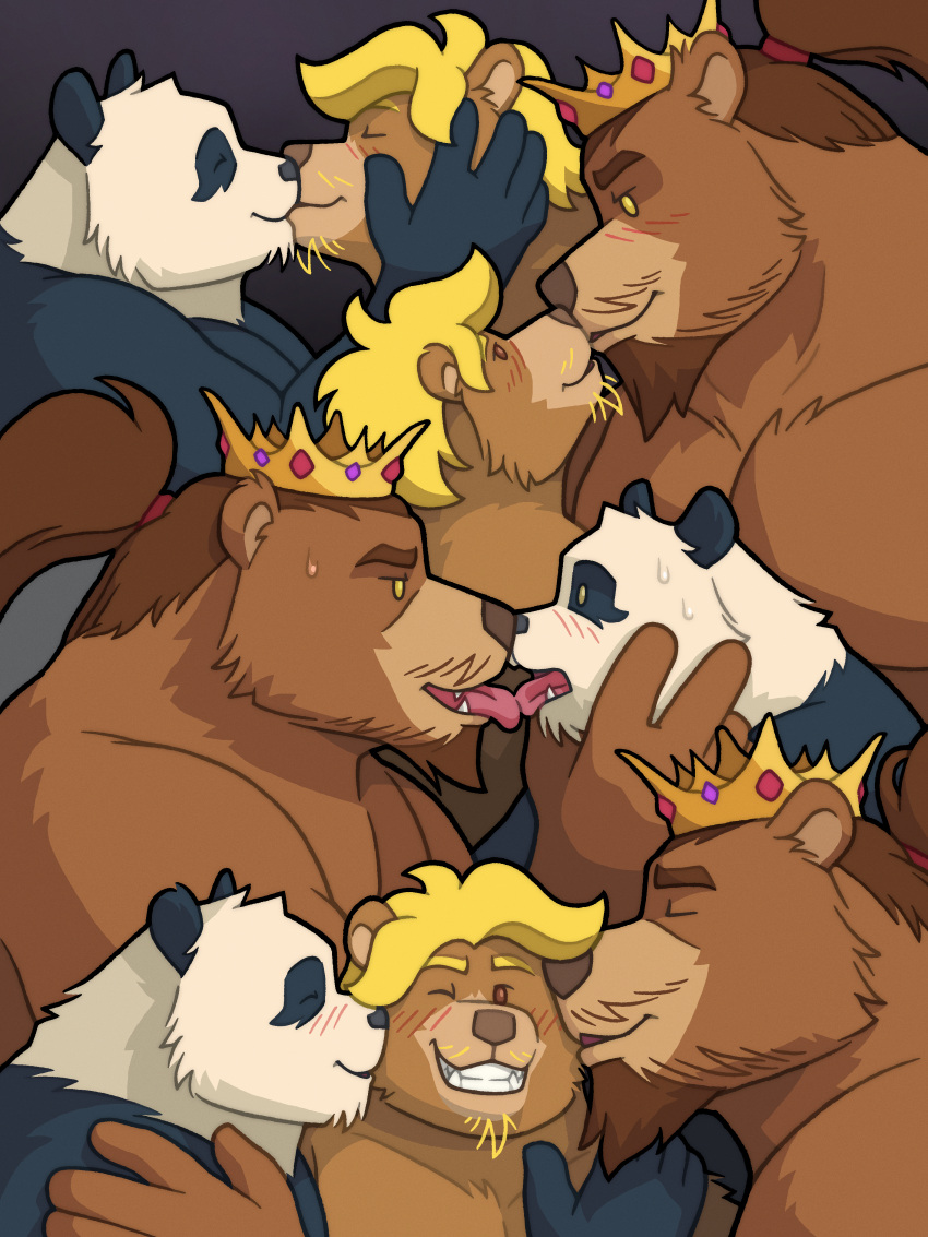 absurd_res anthro bear black_body black_fur blonde_hair blush blush_lines bodily_fluids brown_bear brown_body brown_eyes brown_fur brown_hair cel_shading chin_tuft crown digital_drawing_(artwork) digital_media_(artwork) duo eye_contact eyebrows eyes_closed facial_hair facial_tuft father father_and_child father_and_son french_kissing fur gem giant_panda goatee group hair hand_on_cheek hand_on_chin hand_on_shoulder head_tuft hi_res holding_cheek holding_chin imminent_kiss incest_(lore) jewelry kiss_on_lips kissing kissing_cheek leaning leaning_forward looking_at_another looking_at_partner looking_down_at_partner looking_up_at_partner male male/male mammal multiple_scenes muscular muscular_male overweight overweight_male parent parent_and_child pecs ponytail quasarbearcat rogue shaded side_view simple_background size_difference smile son sweat sweatdrop teeth tongue trio tuft ursine white_body white_fur yellow_eyes