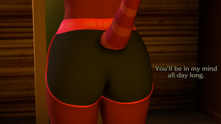 2021 3d_(artwork) animal_crossing anthro bottomwear bubble_butt butt butt_focus chameleon clothed clothing daemont92 detailed_background dialogue digital_media_(artwork) english_text flick_(animal_crossing) girly gym_bottomwear gym_clothing gym_shorts hi_res inside lizard male nintendo rear_view red_body red_scales reptile scales scalie shorts skimpy solo source_filmmaker text workout_clothing