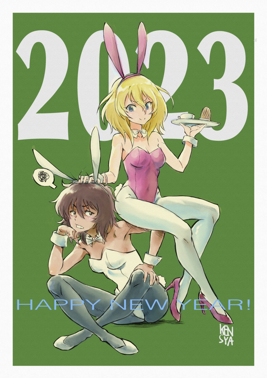 2girls andou_(girls_und_panzer) animal_ears artist_name background_text bangs bare_shoulders black_eyes black_hair black_pantyhose blonde_hair blue_eyes bow breasts brown_eyes chinese_zodiac collar commentary cup dark-skinned_female dark_skin detached_collar english_text fake_animal_ears fake_tail food frown girls_und_panzer green_background grimace hand_on_another's_head hand_on_own_knee happy_new_year high_heels highres holding holding_tray indian_style ken-sya leaning_forward leotard medium_breasts medium_hair messy_hair mont_blanc_(food) multiple_girls new_year on_ground on_person oshida_(girls_und_panzer) pantyhose pink_footwear pink_leotard playboy_bunny rabbit_ears rabbit_tail sitting spoken_squiggle squiggle strapless strapless_leotard tail teacup tray white_bow white_collar white_footwear white_leotard white_pantyhose wrist_cuffs year_of_the_rabbit