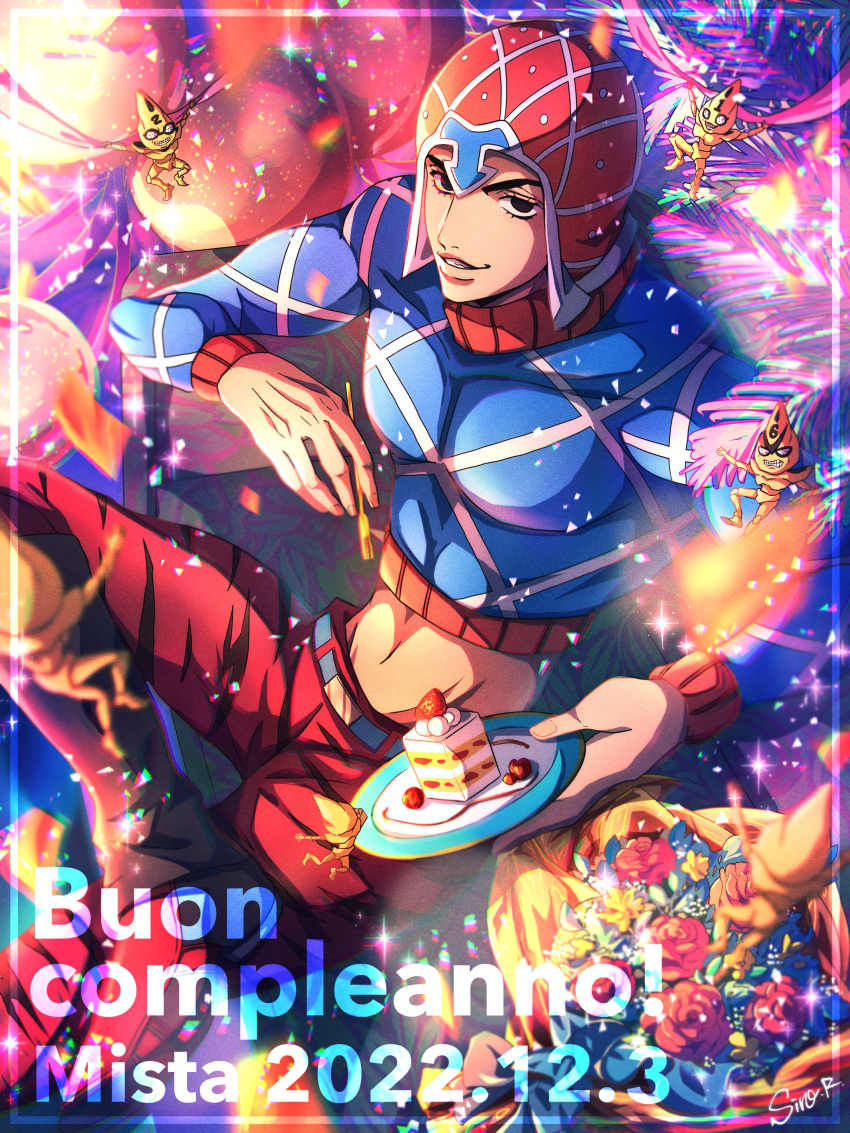 1boy 2022 :d absurdres beanie belt black_eyes blue_sweater bouquet cake character_name dated flower food fork grin guido_mista happy_birthday hat highres holding holding_fork holding_plate jojo_no_kimyou_na_bouken looking_at_viewer male_focus midriff navel orange_pants pants plate red_flower red_rose rose sex_pistols_(stand) smile solo stand_(jojo) sweater vento_aureo watawata_nr_(siroraku)