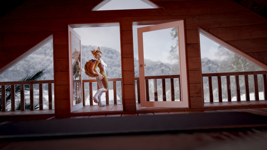 absurd_res anthro bed bedroom_eyes breasts butt butt_grab cabin canid canine female fennec fox furniture hand_on_butt hi_res itsjag looking_at_viewer mammal narrowed_eyes presenting presenting_hindquarters raised_tail seductive snow solo tail teasing