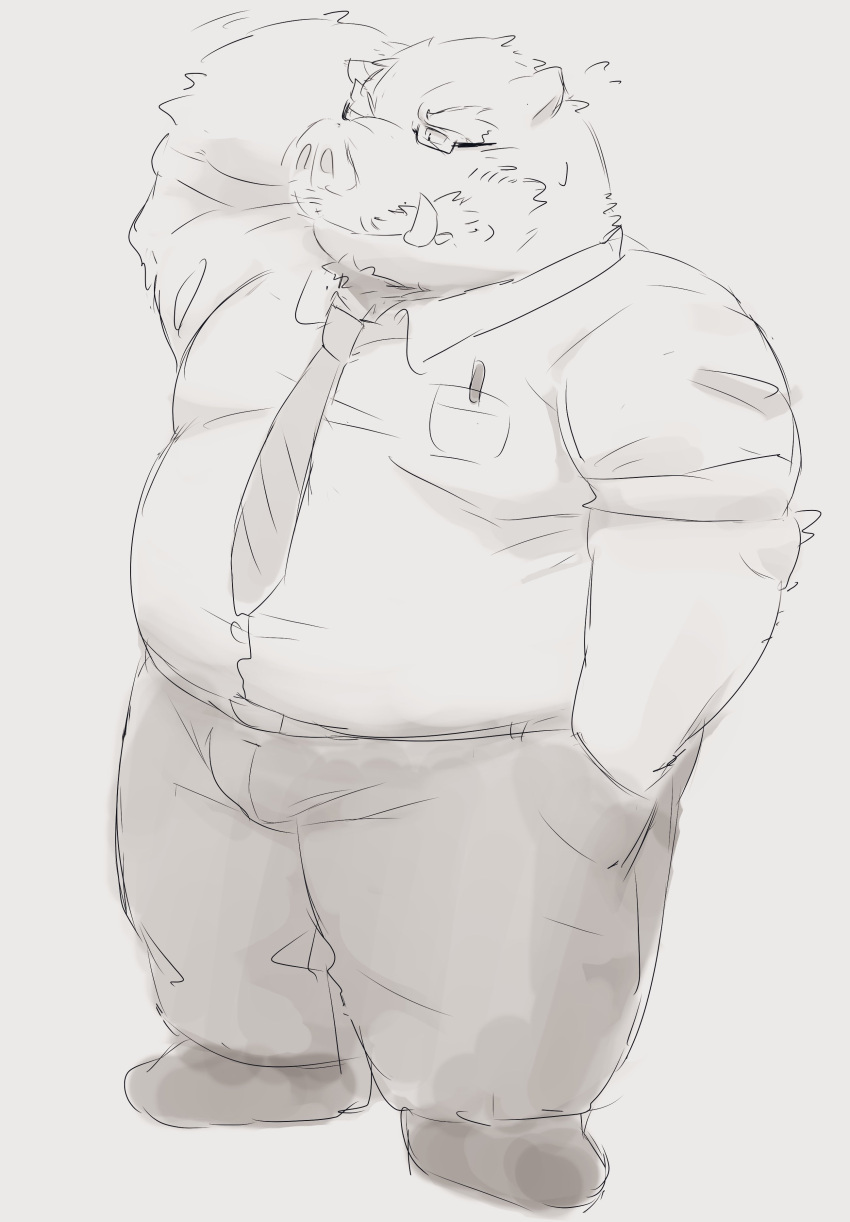 2023 absurd_res anthro bottomwear clothing eyewear glasses hi_res kemono kipchin_2nd00 male mammal necktie overweight overweight_male pants shirt simple_background solo suid suina sus_(pig) topwear wild_boar