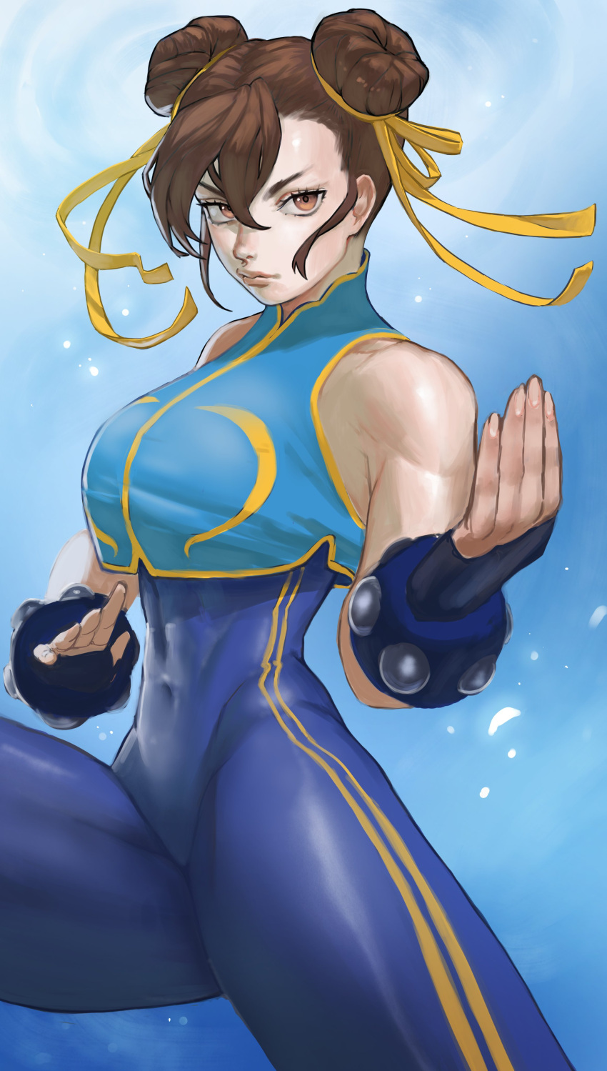 1girl absurdres annie_lyce bare_shoulders breasts brown_eyes brown_hair chun-li closed_mouth covered_navel double_bun fighting_stance hair_between_eyes hair_bun hair_ribbon highres lips looking_at_viewer ribbon serious short_hair skin_tight solo spiked_gauntlets street_fighter street_fighter_zero_(series)