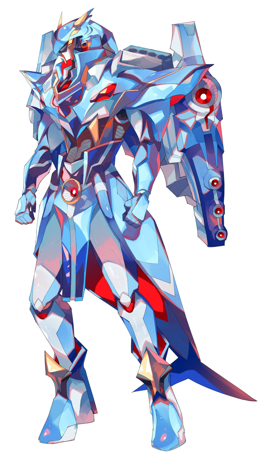 absurdres chikichi clenched_hands full_body highres looking_ahead mecha no_humans orange_eyes original robot science_fiction solo white_background