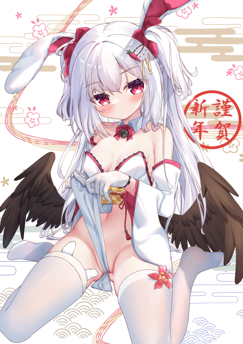 1girl animal_ears black_wings blush breasts cameltoe carrot_hair_ornament cleavage collar detached_collar feathered_wings food-themed_hair_ornament hair_ornament hairclip highres hiyada_yuu leotard leotard_tug long_hair looking_at_viewer low_wings original partially_visible_vulva rabbit_ears rabbit_girl red_eyes sitting small_breasts solo thighhighs thighs two_side_up wariza white_collar white_hair white_leotard white_thighhighs wings